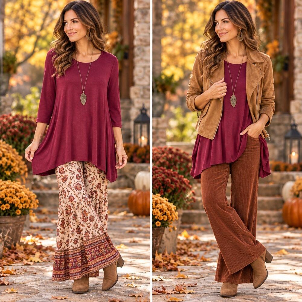 Coco + Carmen Women’s S/M Burgundy Tunic Top 3/4 Sleeve Cozy Fall Boho NWT